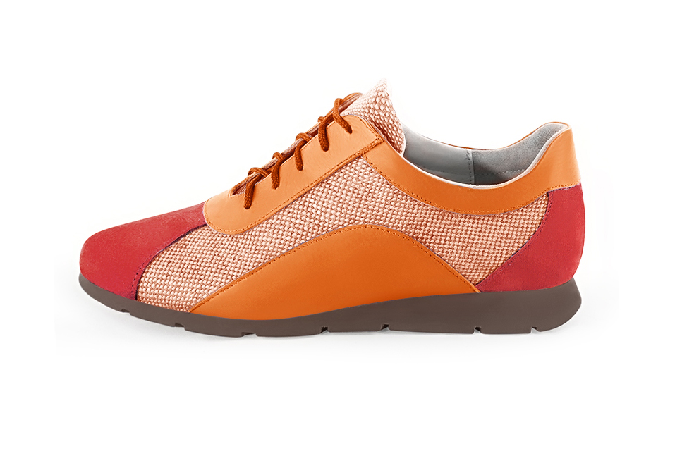 Scarlet red and peach orange women's two-tone elegant sneakers. Round toe. Flat rubber soles. Profile view - Florence KOOIJMAN